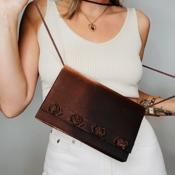 Vintage Handbags - VINTAGE | Satin Chocolate Brown Floral Structured Envelope Crossbody Clutch Bag